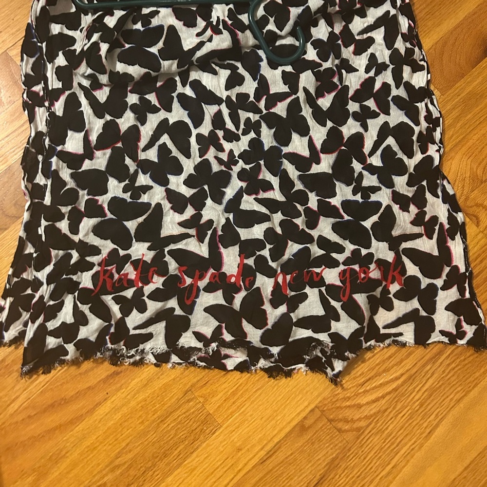 kate spade Black and White scarf. Butterflies outlined in pink and purple